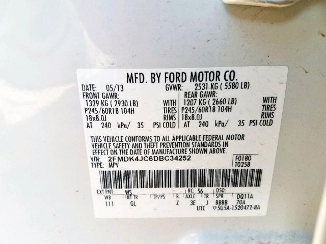 2FMDK4JC6DBC34252 - 2013 FORD EDGE SEL WHITE photo 10