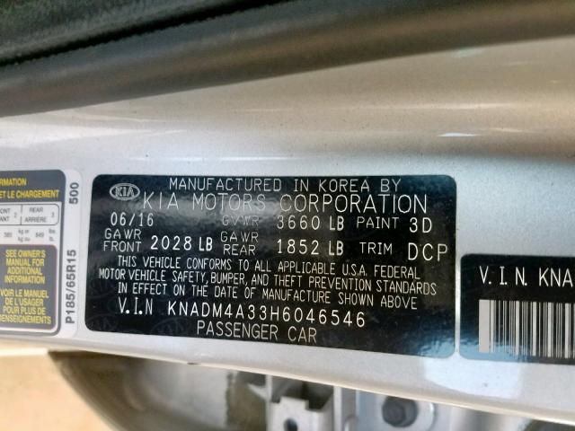 KNADM4A33H6046546 - 2017 KIA RIO LX SILVER photo 10