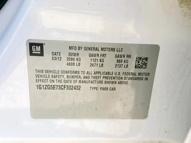 1G1ZG5E73CF302432 - 2012 CHEVROLET MALIBU LTZ თეთრი ფოტო 10