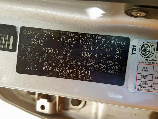 KNAFU4A25D5700544 - 2013 KIA FORTE EX SILVER photo 10