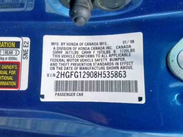 2HGFG12908H535863 - 2008 HONDA CIVIC EXL 蓝色 照片 10