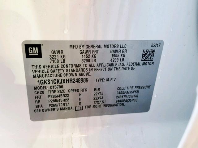 1GKS1CKJXHR248989 - 2017 GMC YUKON DENA WHITE photo 10