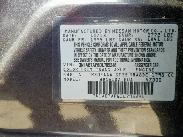 3N1AB7AP6DL795246 - 2013 NISSAN SENTRA S GRAY photo 10