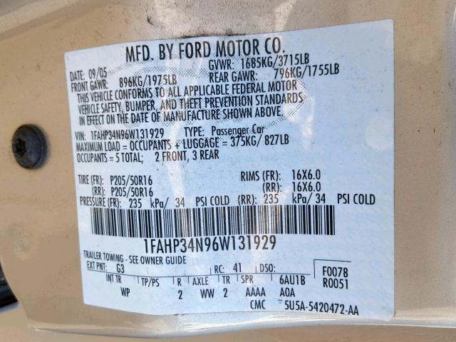 1FAHP34N96W131929 - 2006 FORD FOCUS ZX4 GOLD photo 10