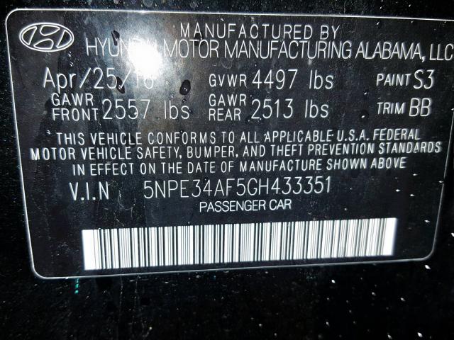 5NPE34AF5GH433351 - 2016 HYUNDAI SONATA SPO BLACK photo 10