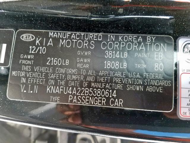 KNAFU4A22B5380614 - 2011 KIA FORTE EX BLACK photo 10