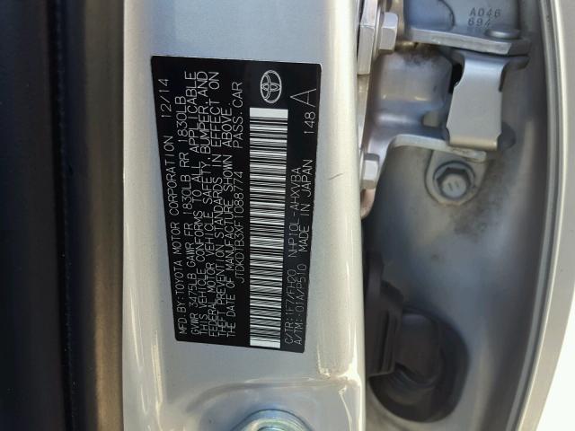 JTDKDTB3XF1088774 - 2015 TOYOTA PRIUS C SILVER photo 10