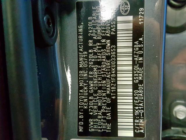 4T1BZ1FB4KU033653 - 2019 TOYOTA AVALON XLE GRAY photo 10