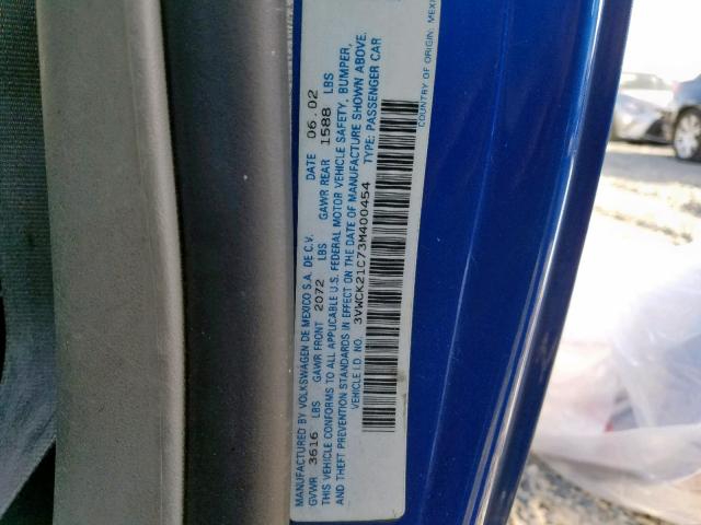3VWCK21C73M400454 - 2003 VOLKSWAGEN NEW BEETLE ლურჯი ფოტო 10