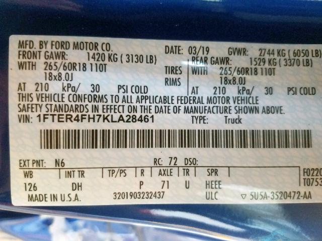 1FTER4FH7KLA28461 - 2019 FORD RANGER SUP BLUE photo 10