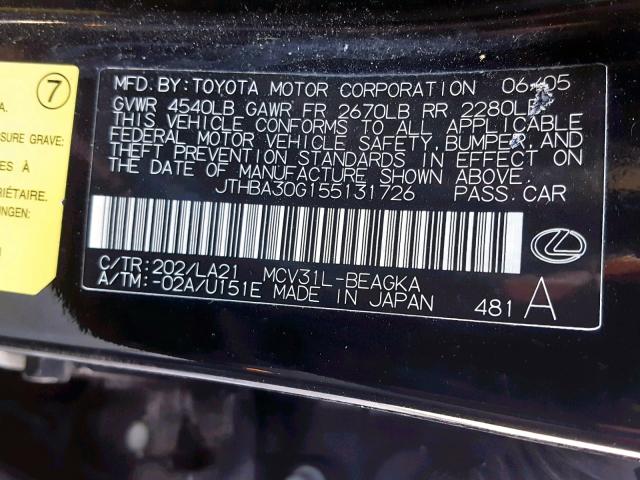 JTHBA30G155131726 - 2005 LEXUS ES 330 BLACK photo 10