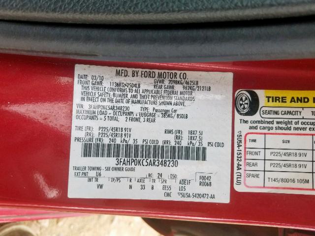 3FAHP0KC5AR348230 - 2010 FORD FUSION SPO RED photo 10