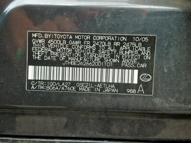 JTHBE262662001101 - 2006 LEXUS IS 350 BLACK photo 10