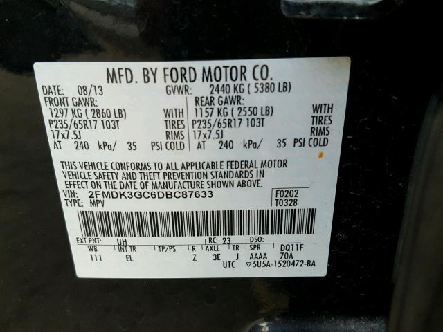 2FMDK3GC6DBC87633 - 2013 FORD EDGE SE BLACK photo 10