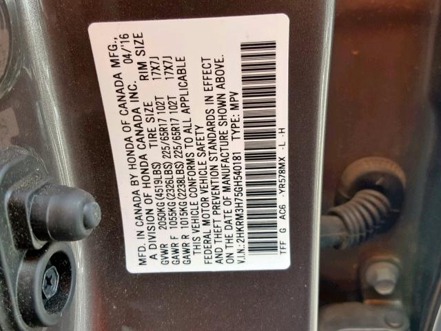 2HKRM3H75GH540181 - 2016 HONDA CR-V EXL BROWN photo 10