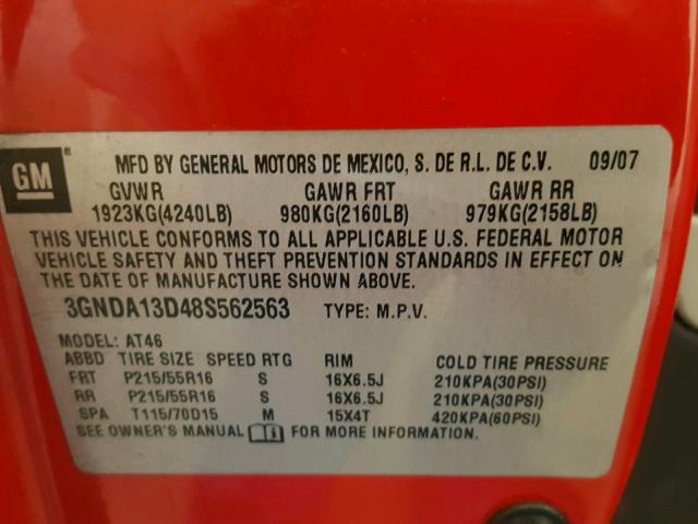 3GNDA13D48S562563 - 2008 CHEVROLET HHR LS Rojo foto 10