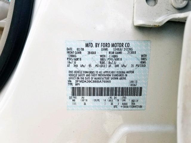 2FMDK39C88BA76565 - 2008 FORD EDGE LIMIT WHITE photo 10