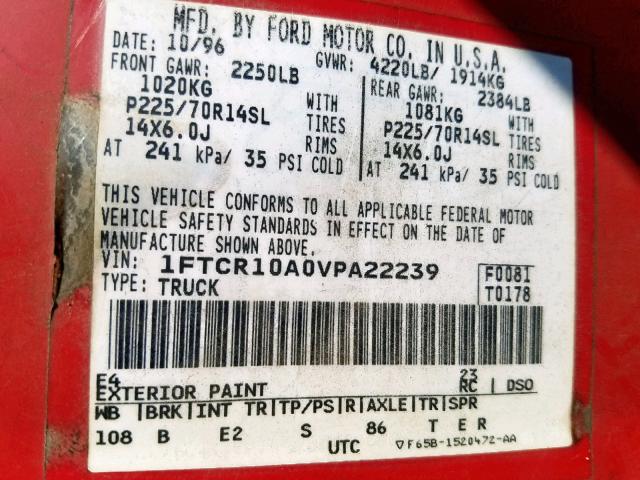 1FTCR10A0VPA22239 - 1997 FORD RANGER RED photo 10