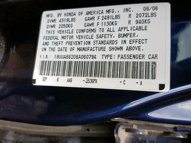 19UUA66206A060794 - 2006 ACURA 3.2TL BLUE photo 10