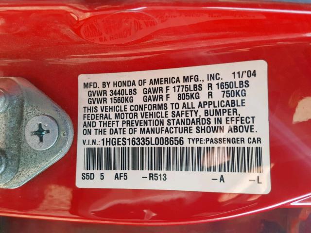 1HGES16335L008656 - 2005 HONDA CIVIC DX V RED photo 10