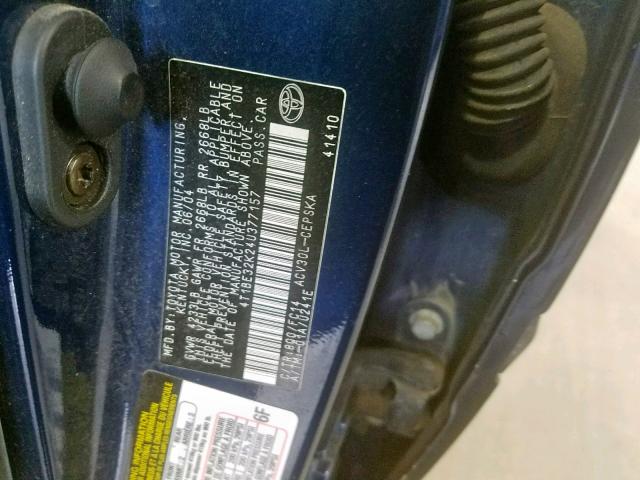 4T1BE32K24U377157 - 2004 TOYOTA CAMRY LE BLUE photo 10