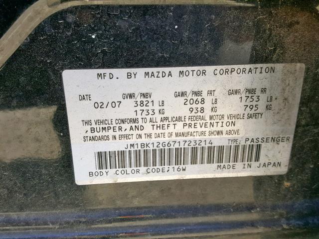 JM1BK12G671723214 - 2007 MAZDA 3 I BLACK photo 10