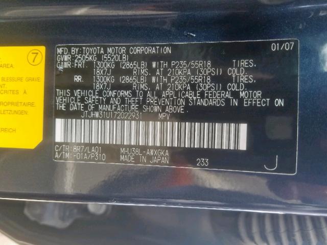 JTJHW31U172022931 - 2007 LEXUS RX 400H BLUE photo 10