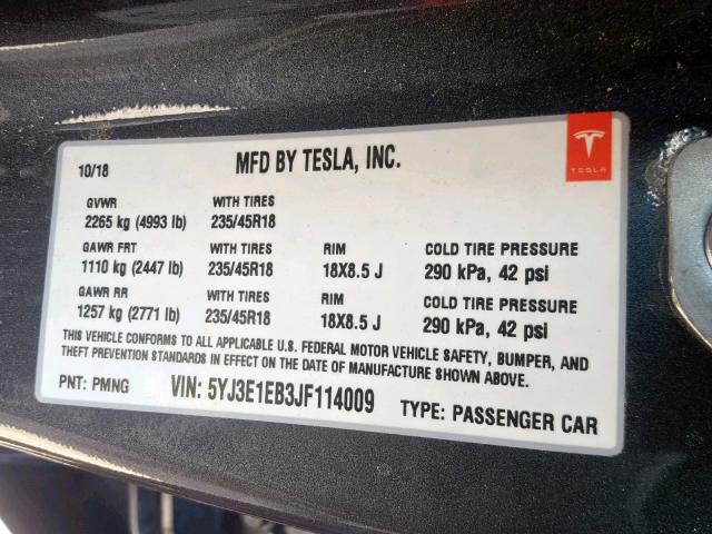 5YJ3E1EB3JF114009 - 2018 TESLA MODEL 3 CHARCOAL photo 10