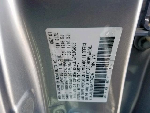 JHLRE38747C060399 - 2007 HONDA CR-V EXL SILVER photo 10