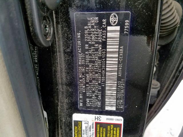 4T1BB46K38U041063 - 2008 TOYOTA CAMRY HYBR BLACK photo 10