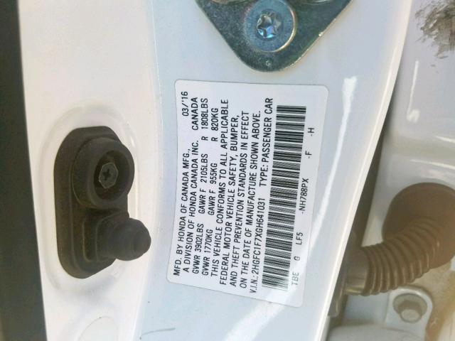 2HGFC1F7XGH641031 - 2016 HONDA CIVIC EXL 白色 照片 10