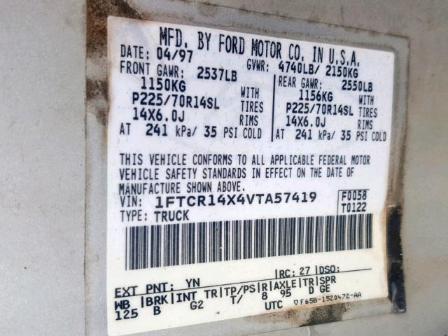 1FTCR14X4VTA57419 - 1997 FORD RANGER SUP SILVER photo 10