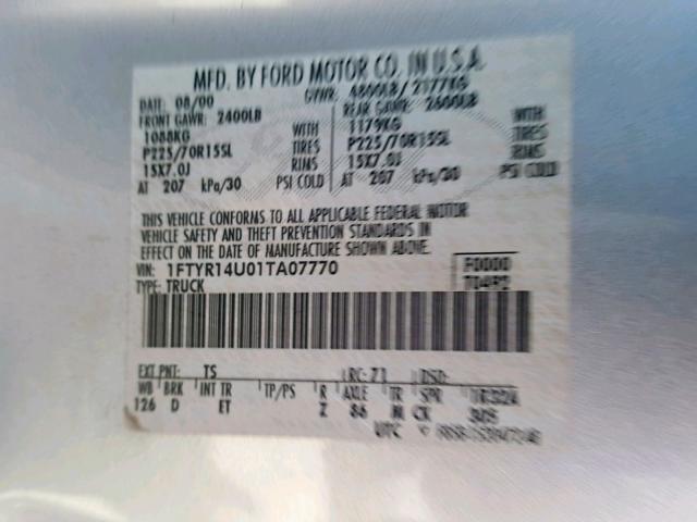 1FTYR14U01TA07770 - 2001 FORD RANGER SUP SILVER photo 10