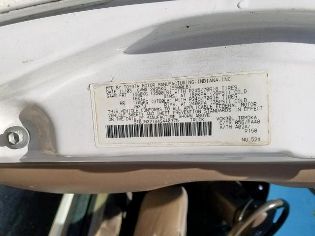 5TBJN32144S440375 - 2004 TOYOTA TUNDRA WHITE photo 10