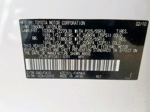 JTLZE4FE0A1118391 - 2010 TOYOTA SCION XB Ақ фото 10