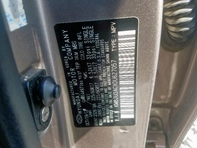 KM8JU3ACXDU627057 - 2013 HYUNDAI TUCSON GLS GRAY photo 10