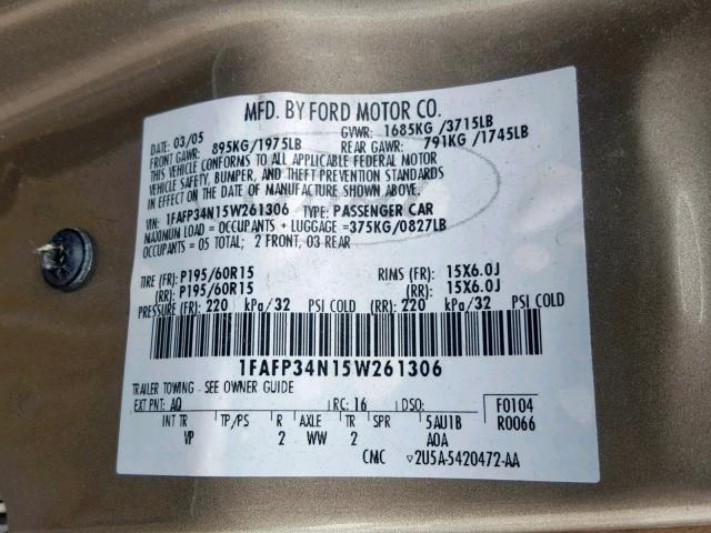 1FAFP34N15W261306 - 2005 FORD FOCUS ZX4 BROWN photo 10