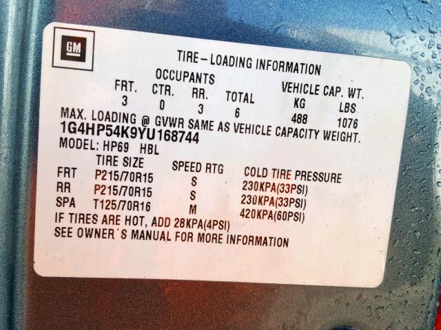 1G4HP54K9YU168744 - 2000 BUICK LESABRE CU BLUE photo 10