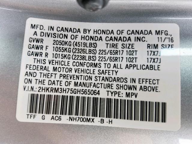 2HKRM3H75GH565064 - 2016 HONDA CR-V EXL SILVER photo 10