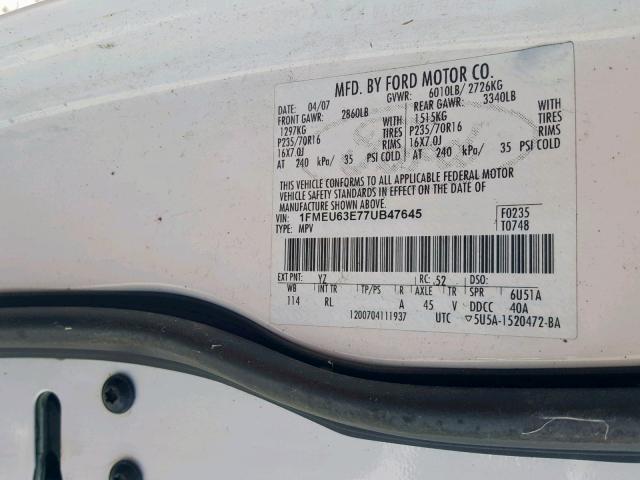 1FMEU63E77UB47645 - 2007 FORD EXPLORER X WHITE photo 10