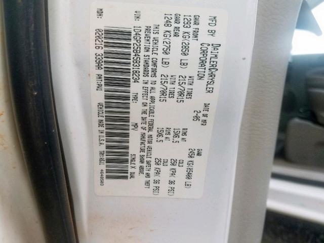 1D4GP25B45B318234 - 2005 DODGE CARAVAN SE WHITE photo 10