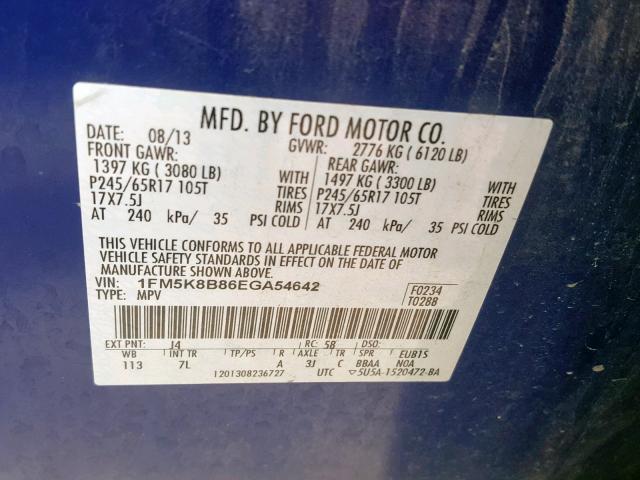 1FM5K8B86EGA54642 - 2014 FORD EXPLORER BLUE photo 10