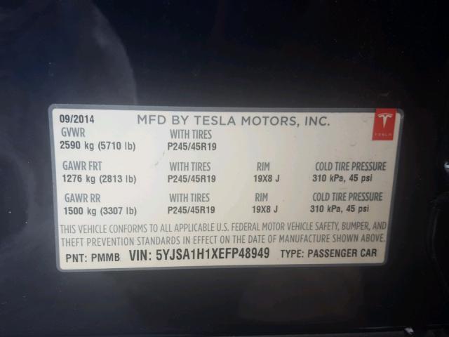 5YJSA1H1XEFP48949 - 2014 TESLA MODEL S BLUE photo 10