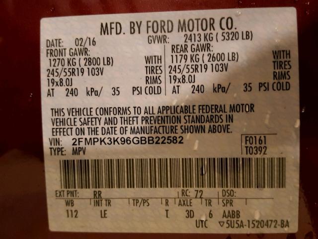 2FMPK3K96GBB22582 - 2016 FORD EDGE TITAN MAROON photo 10