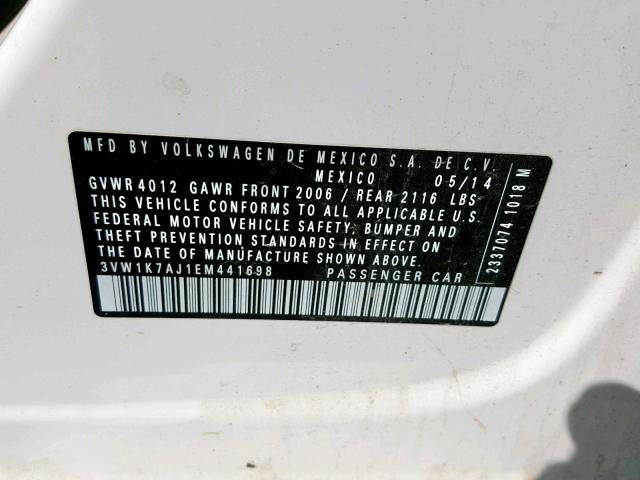 3VW1K7AJ1EM441698 - 2014 VOLKSWAGEN JETTA BASE 白色 照片 10