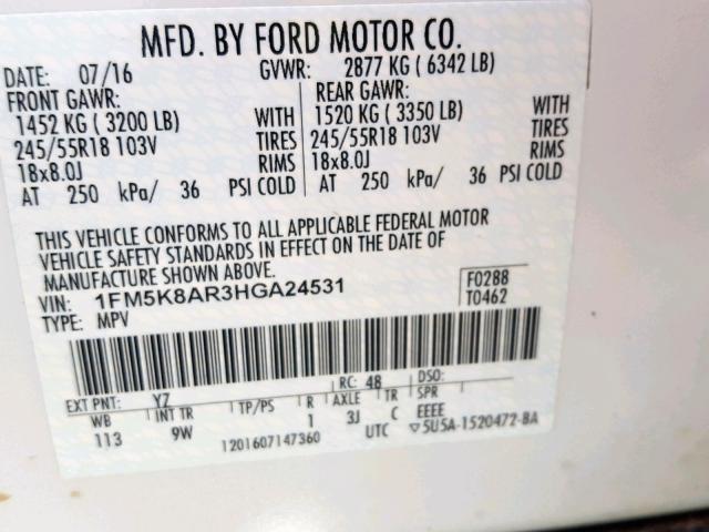 1FM5K8AR3HGA24531 - 2017 FORD EXPLORER P WHITE photo 10