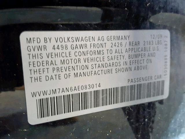 WVWJM7AN6AE083014 - 2010 VOLKSWAGEN PASSAT KOM BLACK photo 10