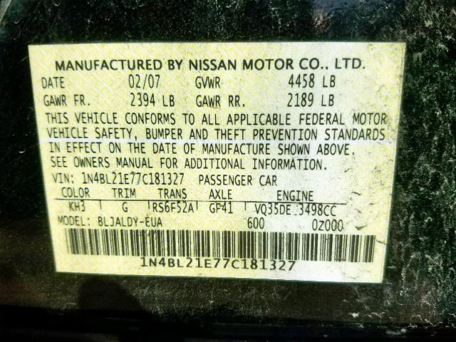 1N4BL21E77C181327 - 2007 NISSAN ALTIMA 3.5 BLACK photo 10