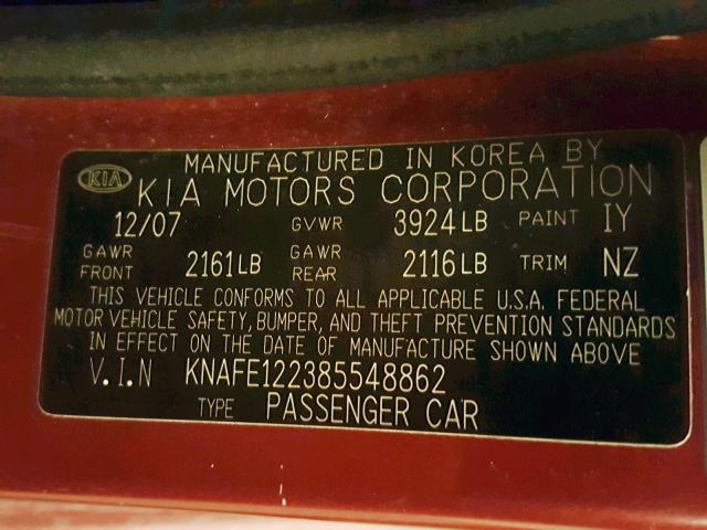 KNAFE122385548862 - 2008 KIA SPECTRA EX RED photo 10