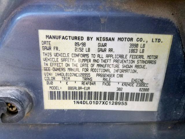 1N4DL01D7XC128955 - 1999 NISSAN ALTIMA XE BLUE photo 10